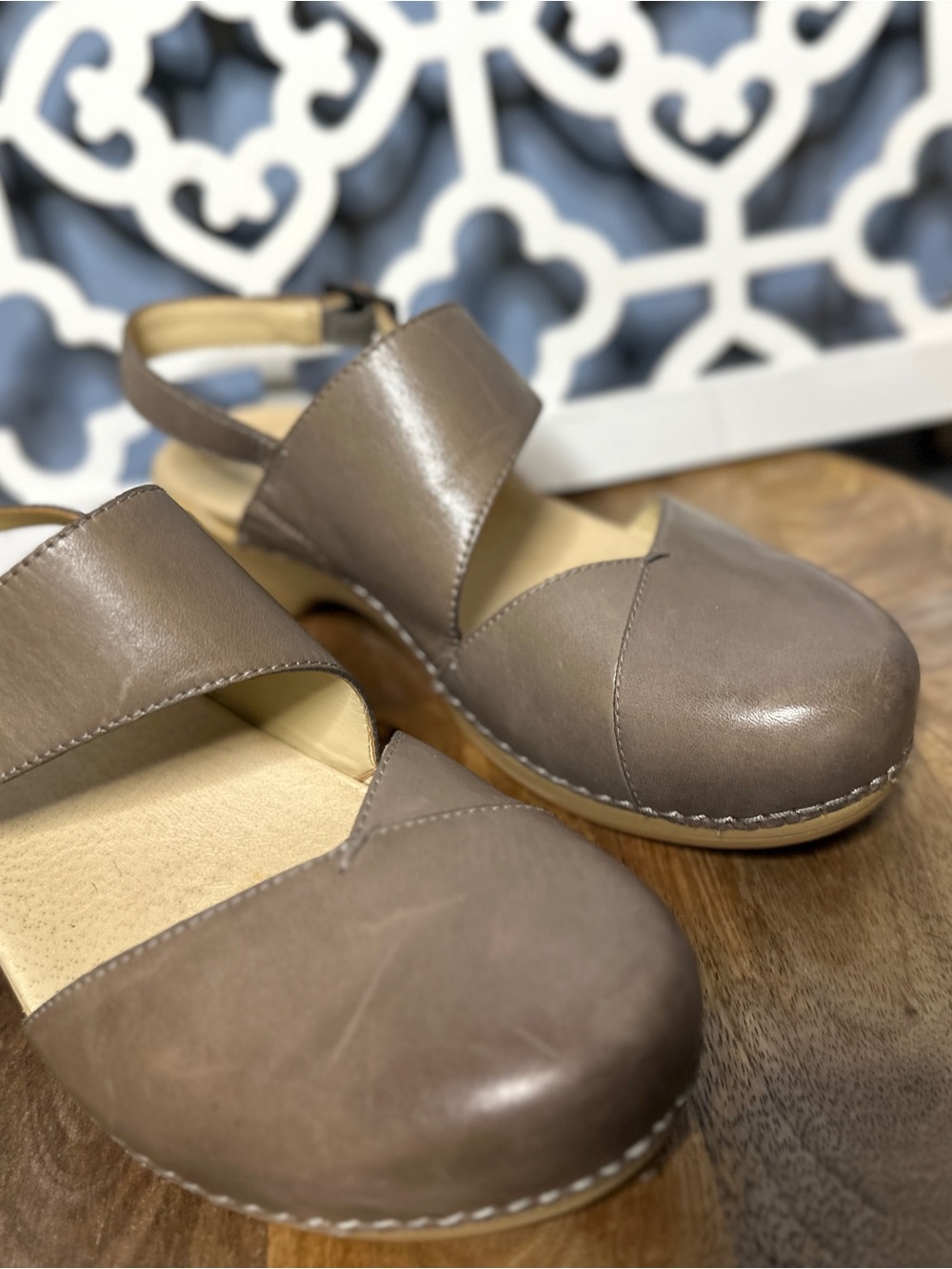 Women’s Dansko Lucia Taupe Leather Cross-Strap Slingback Flats